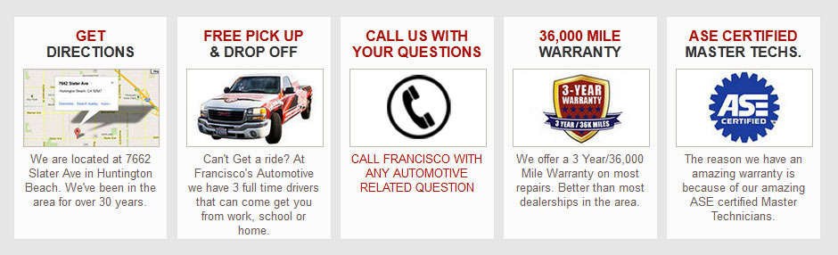 address directions, free pick up & drop off, call for automotive queries, warranty, ASE certification